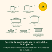 Juego de Batería de Cocina PureClad™ de Acero Inoxidable de 12 Piezas – Triple Capa